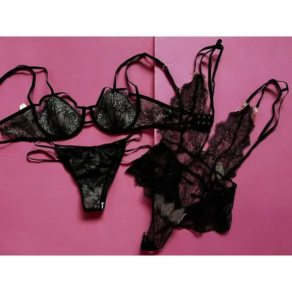 Victoria's Secret strappy 36C BRA SET+M panty+TEDDY one-piece beige black lace